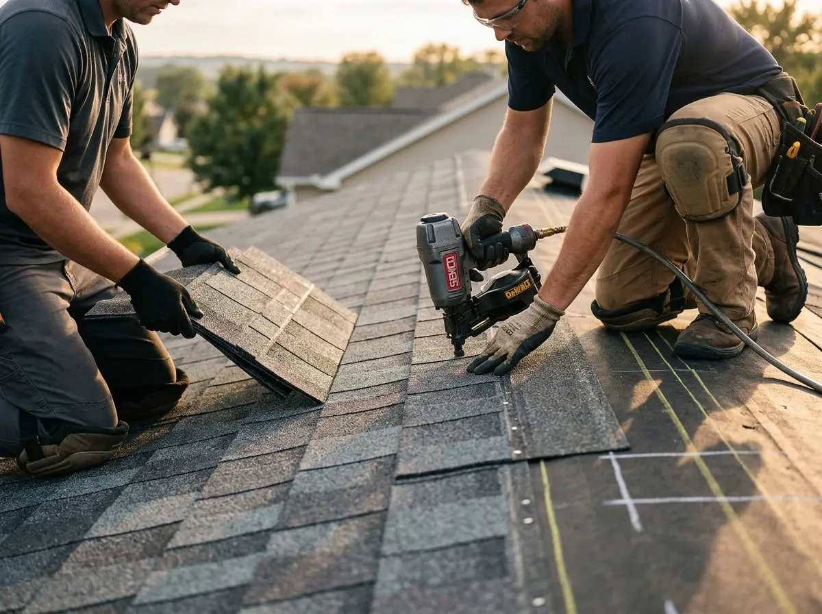 Professional roofer working on a residential roof in Des Moines